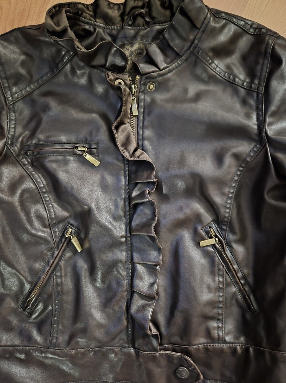 Dollhouse Brown Faux Leather Ruffle-Front Jacket